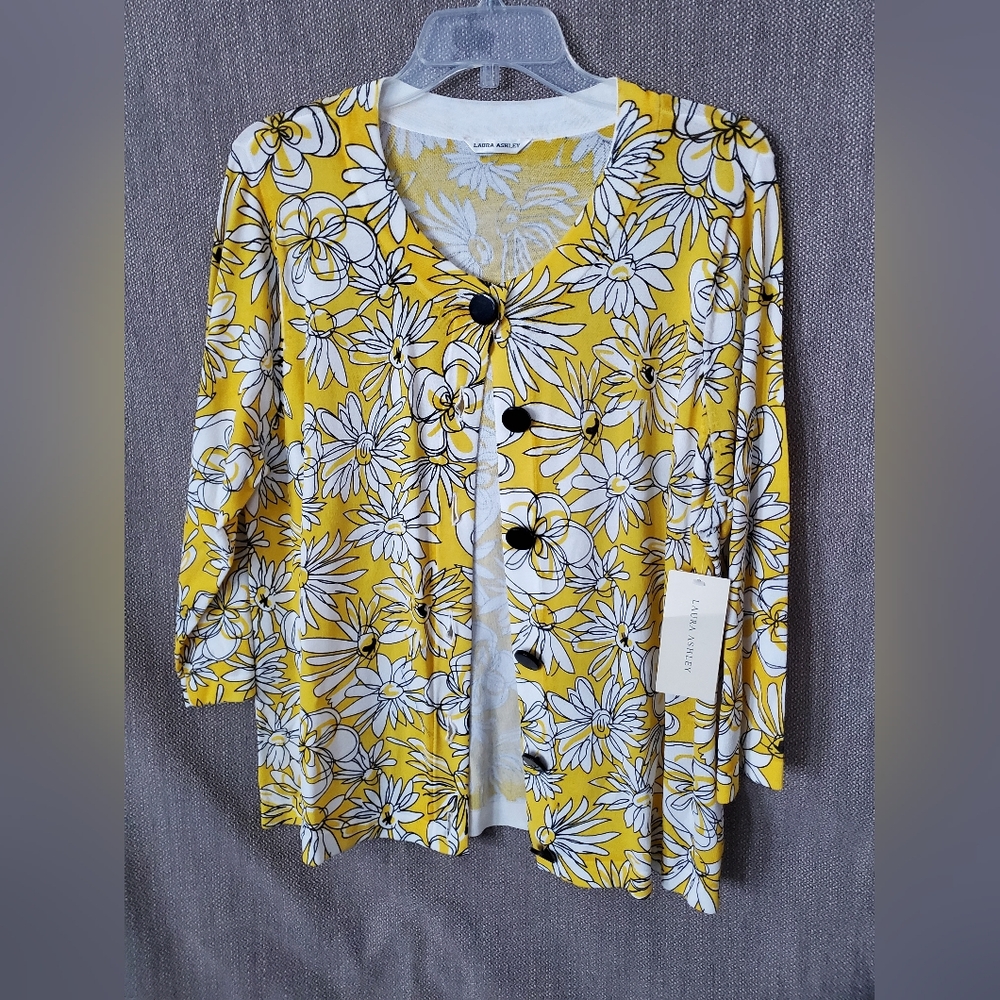 Women Large Laura Ashley Yellow Floral Cardigan NWT